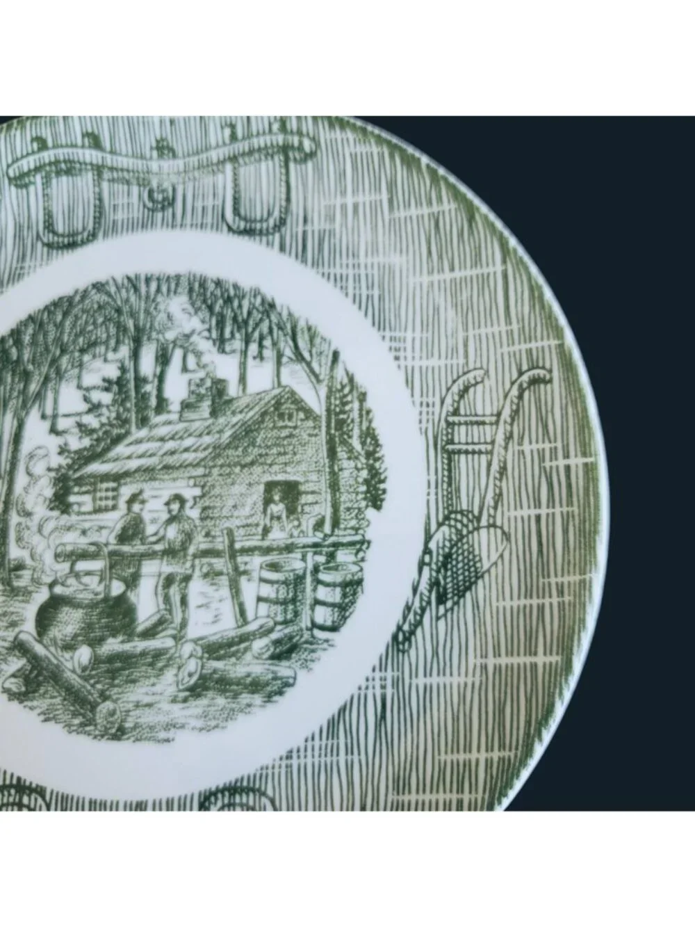 Vintage Green Transferware Currier Ives Log Cabin Pioneer Plate 8